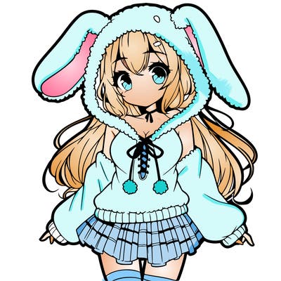 pretty anime girl wearing a fluffy hoodie with bunny ears on the hood and a skirt