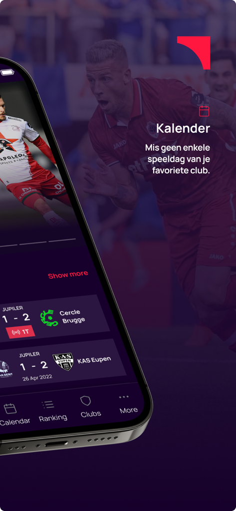 Pro League - Interface of the Pro League app showing the match calendar and scores for Belgian soccer clubs
