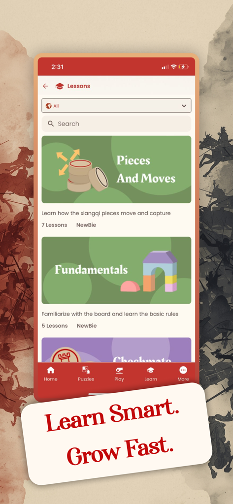 Xiangqi Chinese Chess Online - Interfaz de la aplicación Xiangqi Ajedrez Chino que muestra el menú de lecciones con categorías para piezas y movimientos.