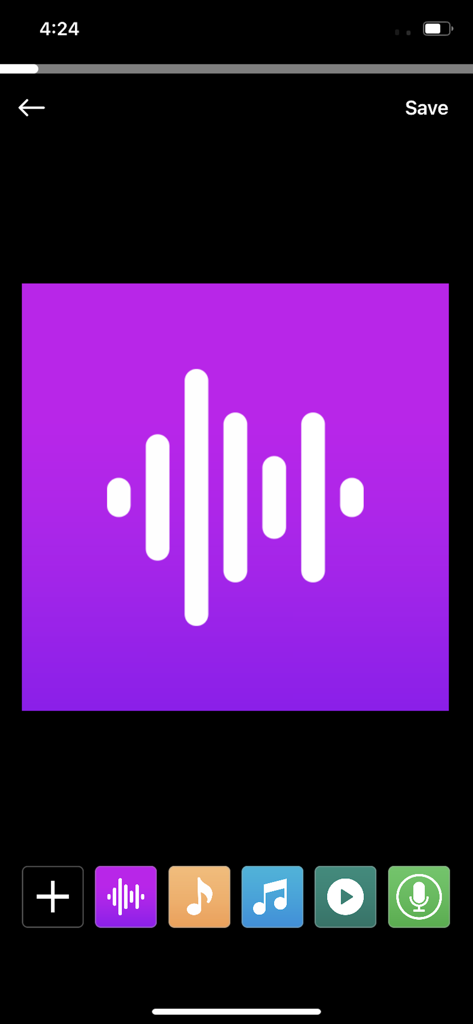 Interfaccia dell'app Audio Status Maker che mostra una grafica con forma d'onda audio su sfondo viola con vari pulsanti di registrazione e modifica musica in basso.
