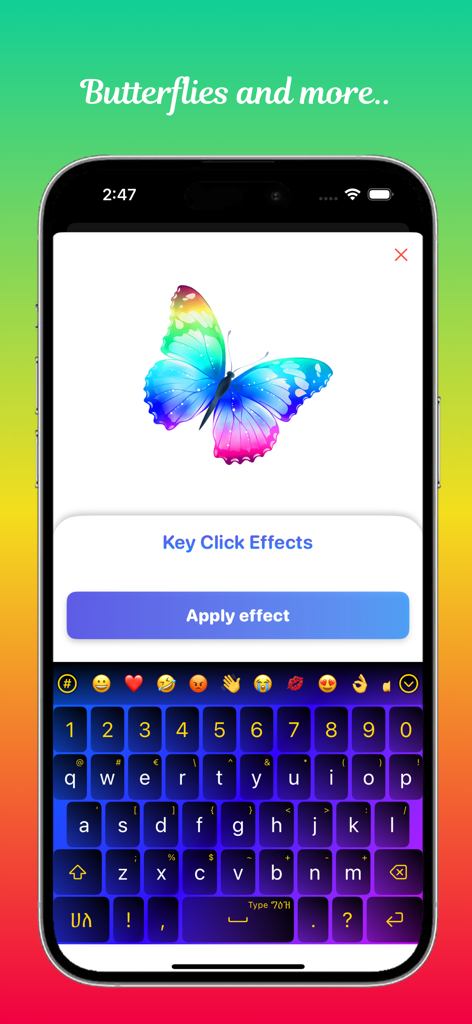 Type Geez Keyboard interface showing a butterfly animation for key click effects and a vibrant purple gradient custom theme