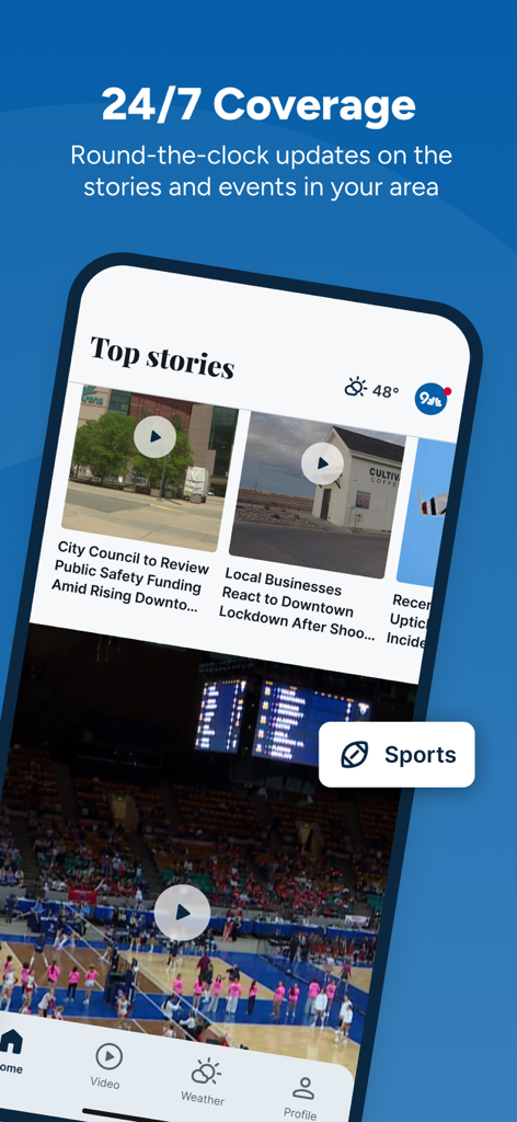 Screenshot of the 9News Denver mobile app showing top local stories and sports coverage