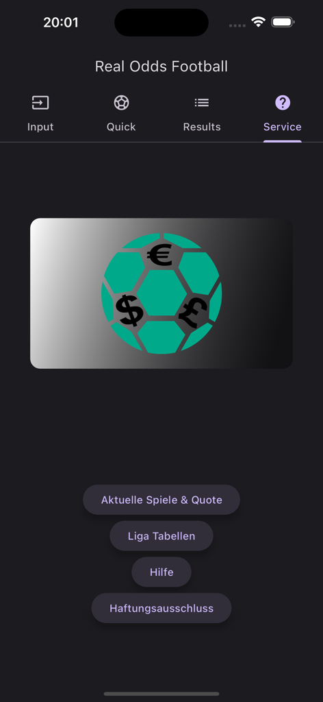 Pantalla de servicio de la aplicación Real Odds Football con un icono de balón de fútbol con símbolos de moneda y botones de navegación para cuotas y tablas.