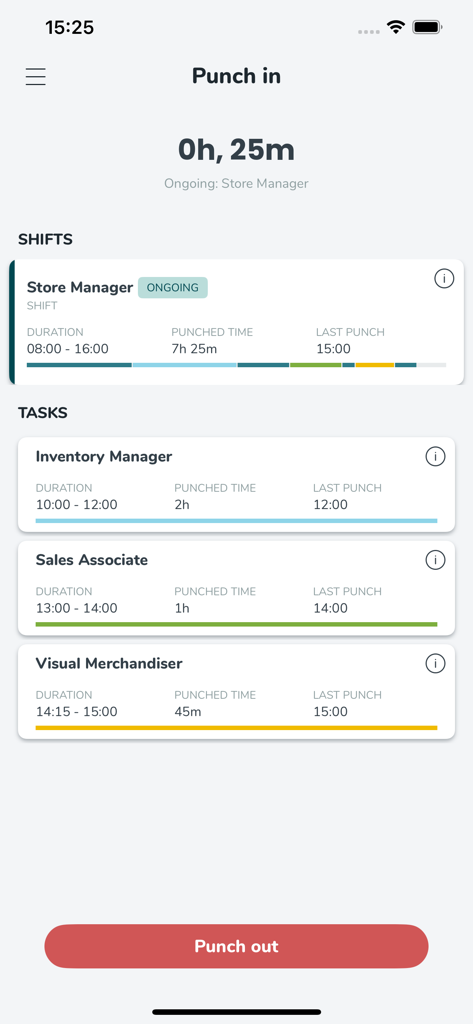 Quinyx Mobile app screen for punching in and out of work shifts and tasks