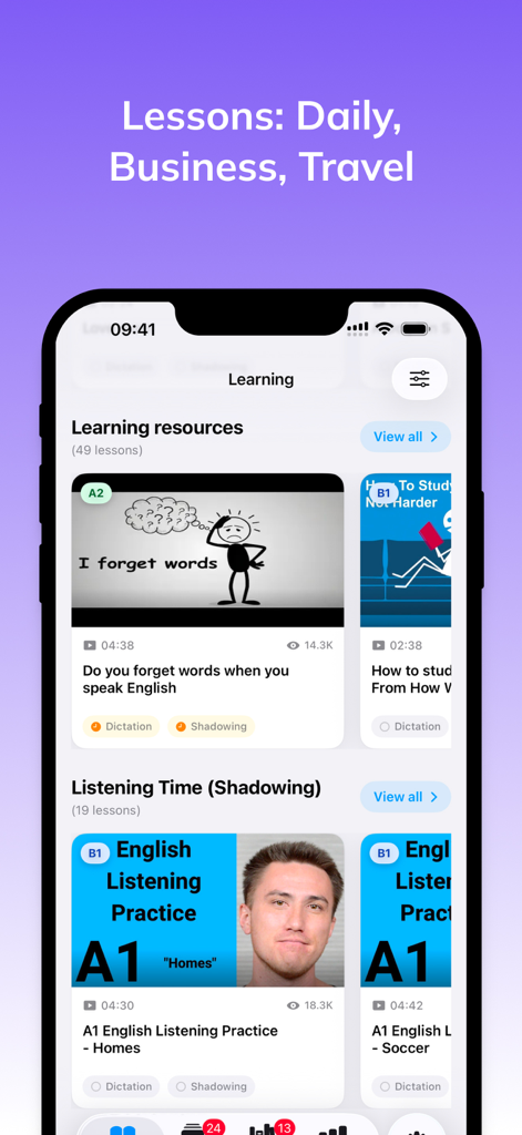 Mobile interface of Parroto app showing English learning lessons for business travel and daily life