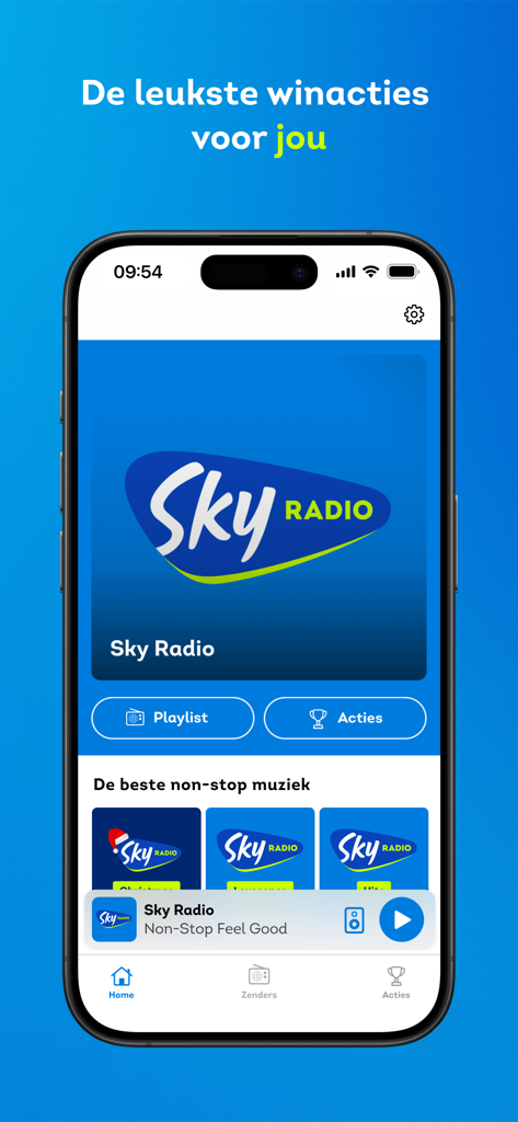 Sky Radio mobile app home screen featuring non-stop music stations and playlist options