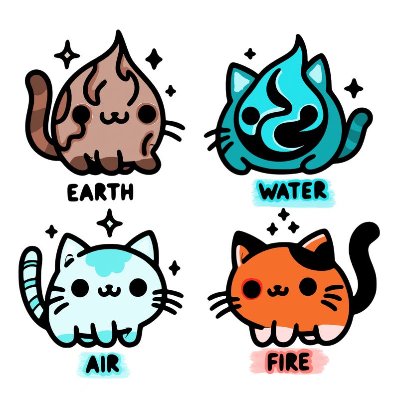 4 cats that represent the different elements, earth, water, air, and fire