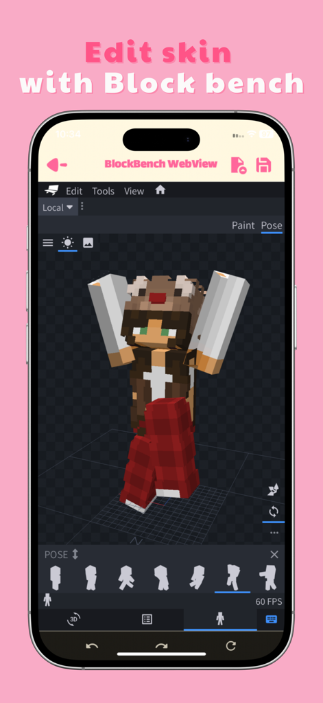 Interface móvel mostrando o editor Blockbench usado para personalizar e posar uma skin de Minecraft