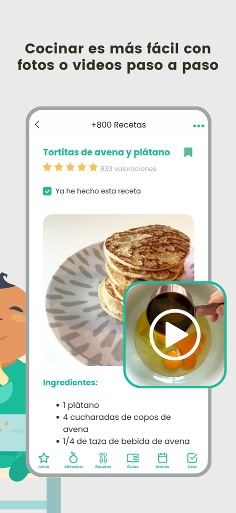 BLW Ideas Recetas Bebés - Interfaz de la app BLW Ideas que muestra una receta de tortitas de avena y plátano con un video paso a paso