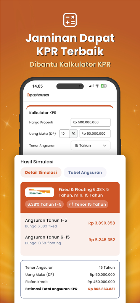Pashouses: Rumah Siap Huni - Screenshot of Pashouses app showing a mortgage calculator and loan simulation results for property in Indonesia