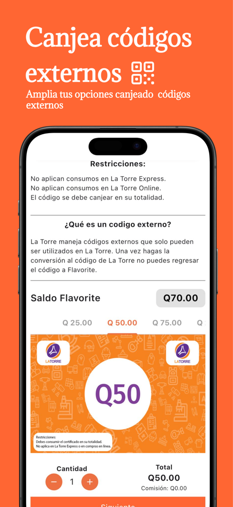 Flavorite - Interface do aplicativo Flavorite para resgatar códigos externos e selecionar valores de vale-presente