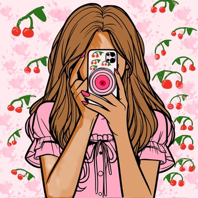 a realistic girl holding her phone taking pictures