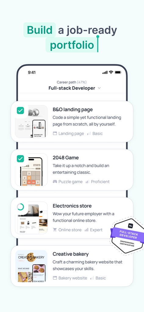 Kodree (Formerly Knowely) - Interfaz de la aplicación móvil que muestra una lista de proyectos de programación para desarrolladores full stack para construir un portafolio profesional