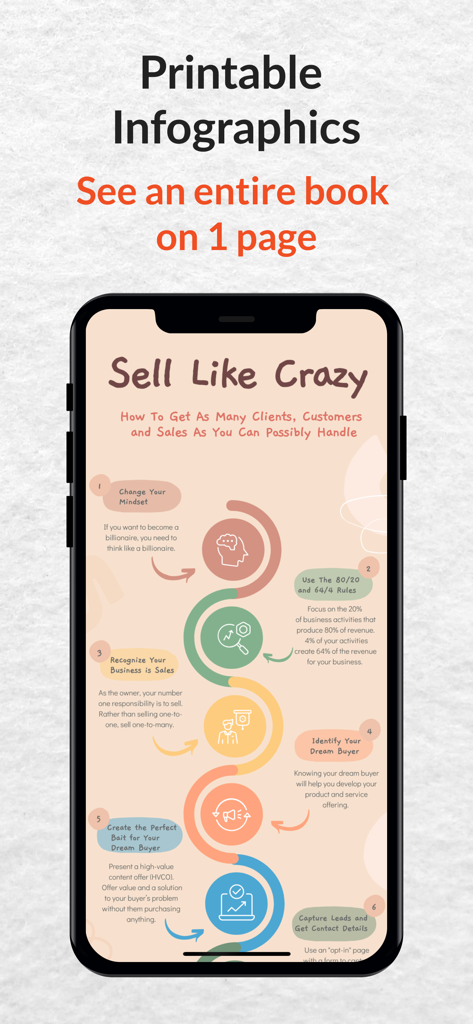 StoryShots: Book Summaries - A mobile phone screen displaying a colorful printable infographic summary of the book Sell Like Crazy by StoryShots