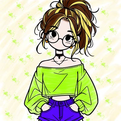 girl with a messy ponytail glasses a baggy crop top and jean shorts