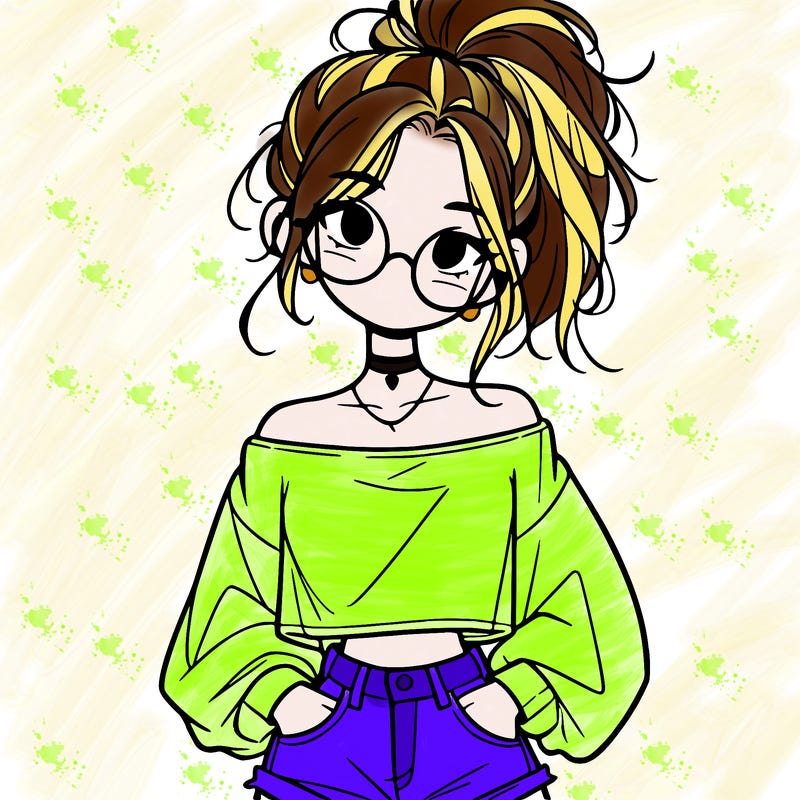 girl with a messy ponytail glasses a baggy crop top and jean shorts