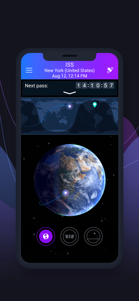 Interfaz de la aplicación Satellite Tracker que muestra el rastreo de la Estación Espacial Internacional en un globo terráqueo 3D.