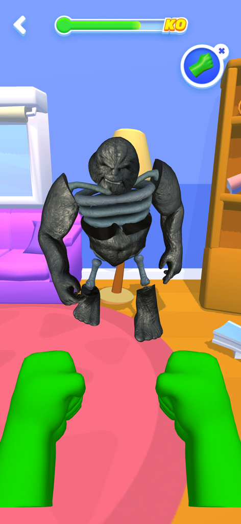 First person view of green fists ready to punch a scary dark monster in a living room