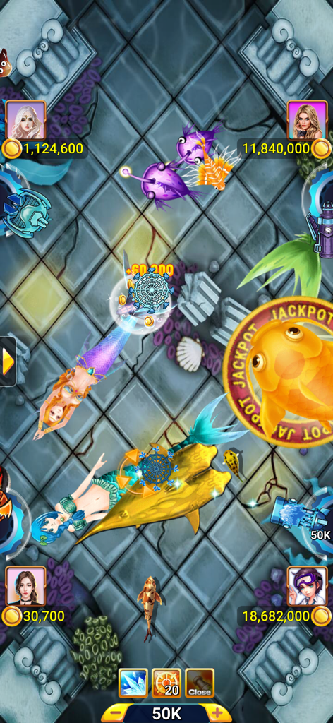 Tiến Lên Offline - Phỏm, Tá Lả - Interfaz del juego de tiro de peces con sirenas y un pez comodín dorado