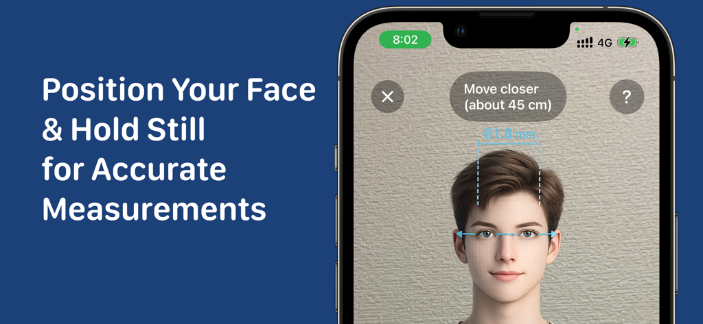 Eye Measure app interface showing the process of measuring pupillary distance on a person face