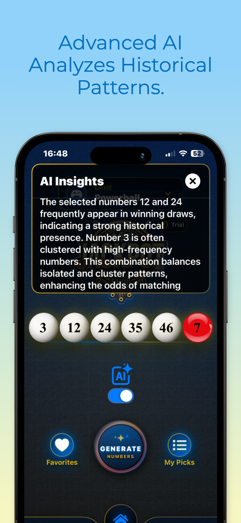 JackpotAI: Lottery Predictor - JackpotAI app interface showing AI analysis and historical patterns for lottery number selection