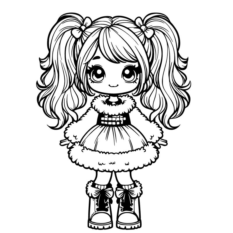 realistic girl wearing a fluffy dress with boots and her hair up in high pigtails