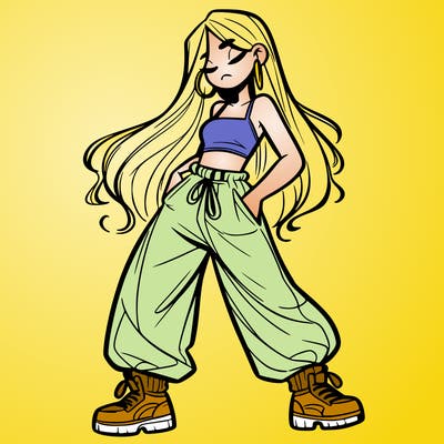 girl in baggy pants crop top and long hair