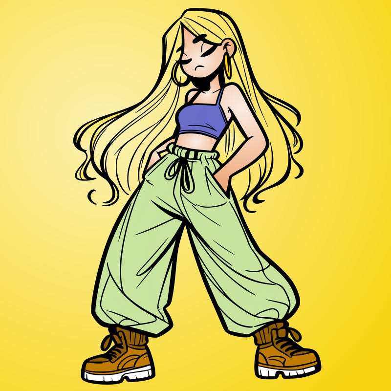 girl in baggy pants crop top and long hair