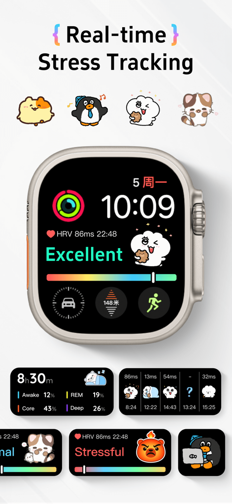 リアルタイムのストレス追跡とかわいい漫画キャラクターウィジェットを備えたApple Watchフェイスを示すTopWatchアプリのスクリーンショット