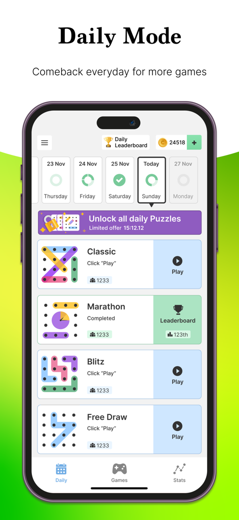 Word Search Colorful - Word Search Colorful app screenshot showing the daily mode screen with a calendar of puzzles and various game modes like Classic Marathon and Blitz