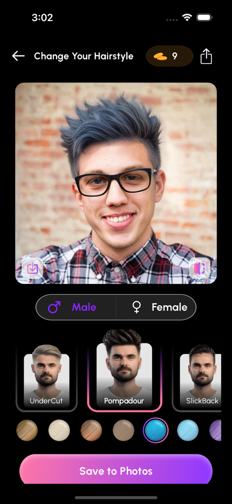 Hair Color Changer : AI Hair - Interfaz de la aplicación AI Hair mostrando a un hombre con cabello azul y varias opciones de peinado como pompadour y undercut.