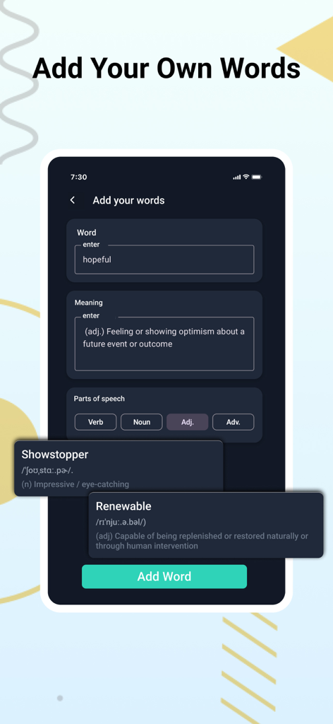 IPA Chart English & Phonetics - Interface for adding custom words and phonetic transcriptions in the IPA Chart English app
