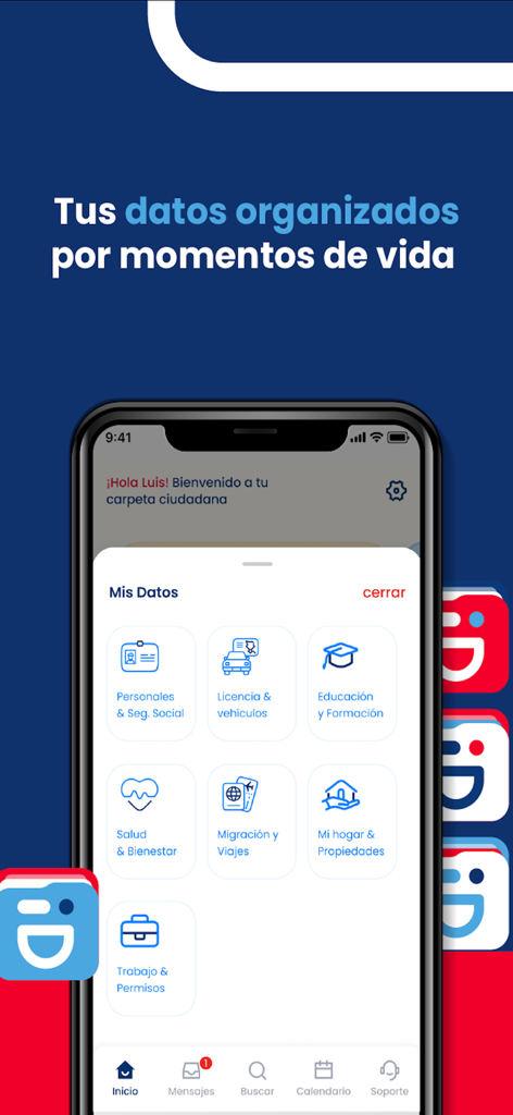 Smartphone screen of Soy Yo RD app displaying icons for personal data categories like education health and travel