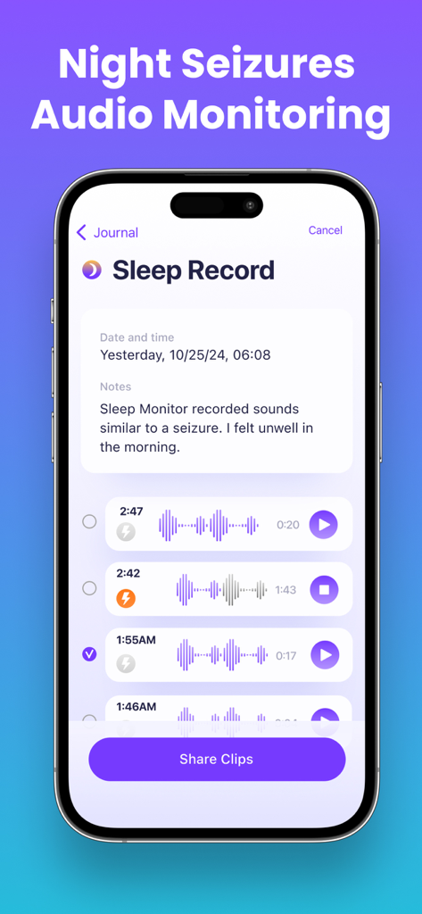 Smartphone-Bildschirm, der die Sleep-Record-Funktion der EpiCentr-App mit aufgezeichneten Audioclips von nächtlichen Anfällen zeigt.