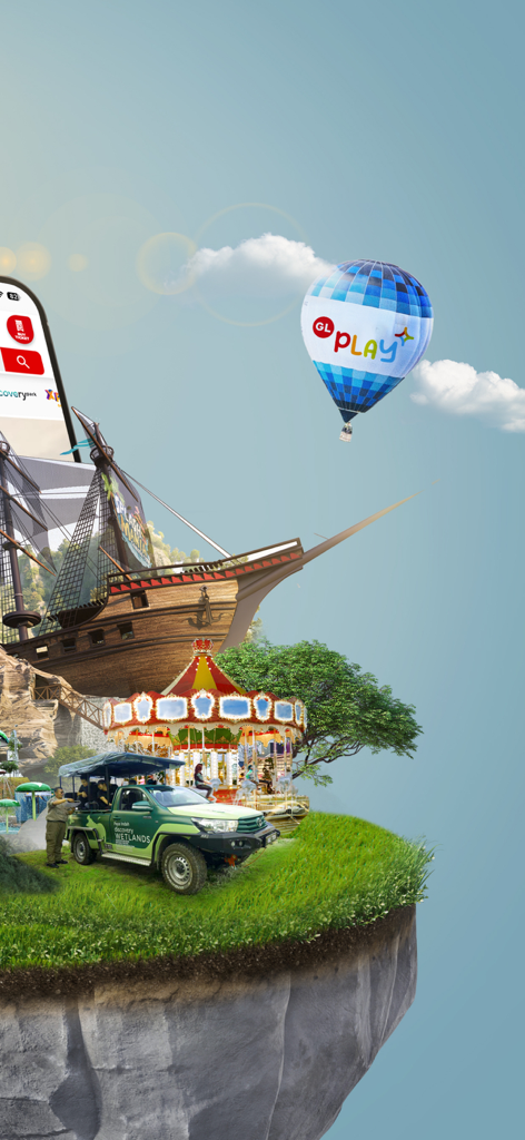 GL Play - Digital collage of GL Play app attractions including a hot air balloon, pirate ship, and carousel against a blue sky.