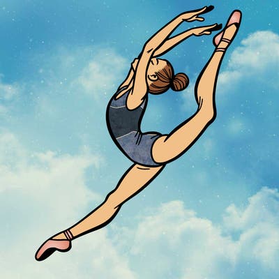 gymnast doing a leap in a leotard with a bent back leg