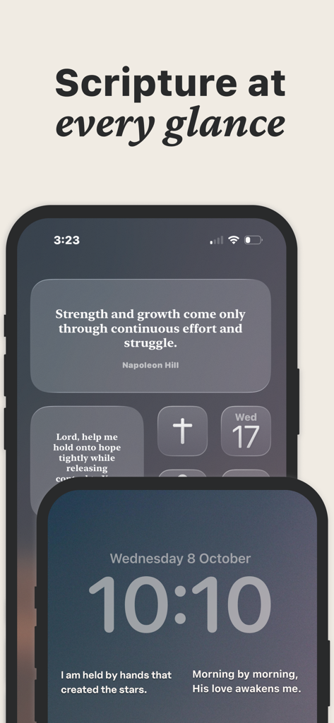Bible Verse Widget & Prayer - Telas inicial e de bloqueio do iPhone mostrando vários widgets de versículos bíblicos e orações com citações inspiradoras.