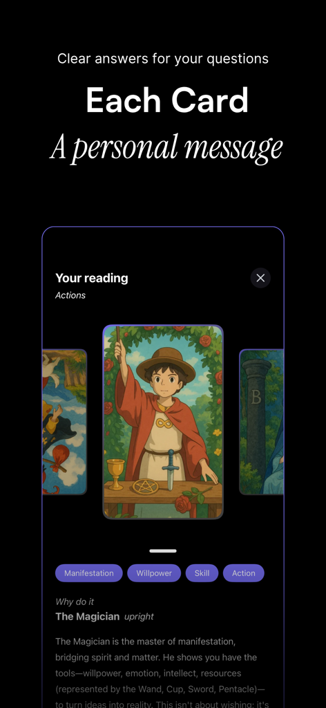 Orion – Horoscope & Tarot - Uma leitura de carta de tarot personalizada para O Mago no aplicativo Orion apresentando interpretação e palavras-chave como manifestação e força de vontade.