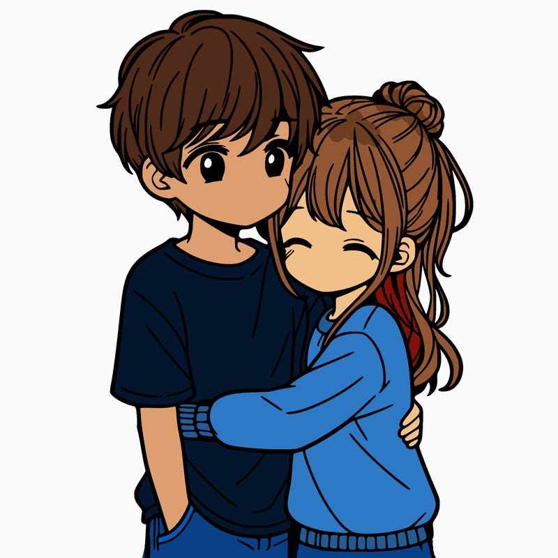 a boy and girl couple in a manga style and the boy is hugging the girl around the waist