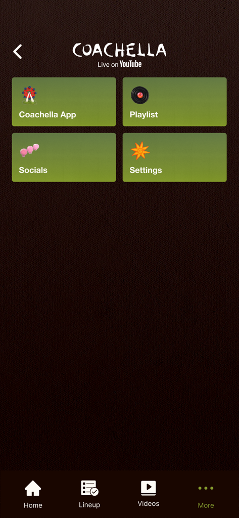 Coachella Livestream - Menu 'Altro' dell'app Coachella Livestream che mostra collegamenti a playlist, social e impostazioni