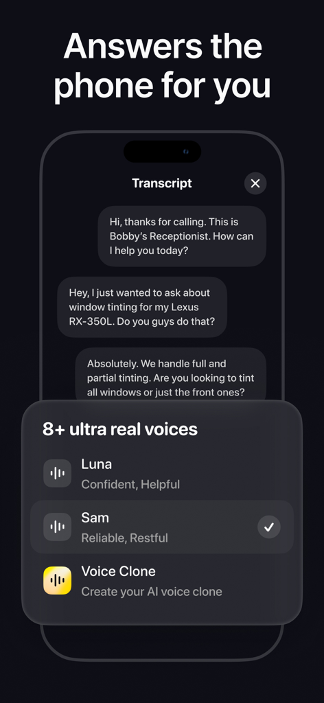 Beside (M1): AI Receptionist - Écran de l'application Beside AI receptionist montrant une transcription d'appel téléphonique et une sélection de voix IA réalistes