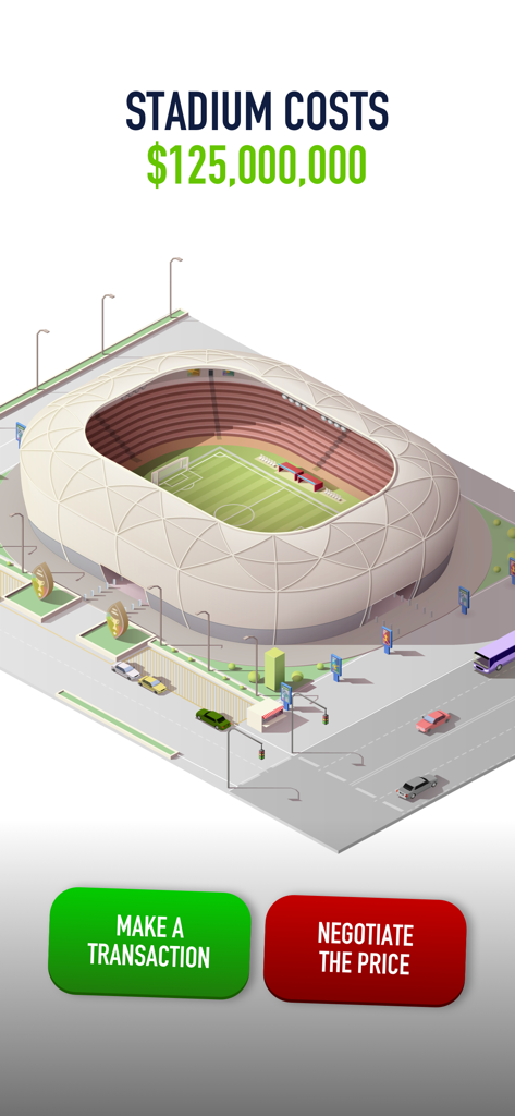 Isometric view of a football stadium costing 125 million dollars with options to make a transaction or negotiate in Crime Empire.