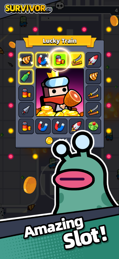 Survivor!.io - Survivor.io screenshot of the Lucky Train slot machine interface with weapon power ups