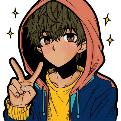 teenage manga boy in a hoodie, doing ✌