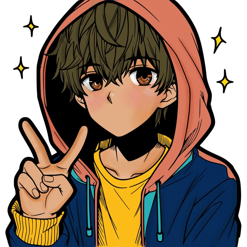 teenage manga boy in a hoodie, doing ✌