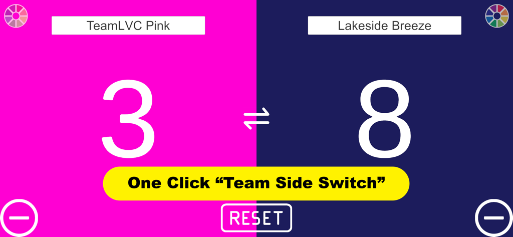 EZ-Scoreboard - A digital scoreboard app interface with a pink and dark blue split screen showing scores and a team side switch button