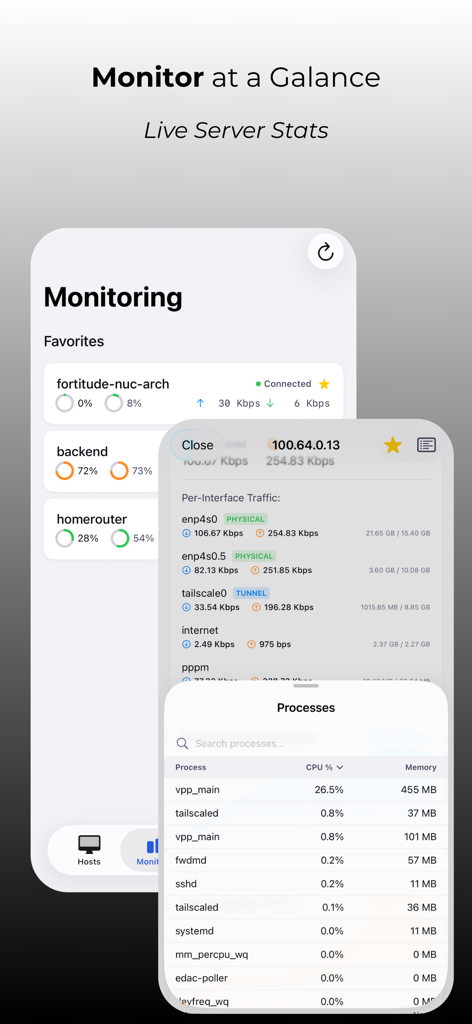 NovaAccess - Tailnet Tools - NovaAccess mobile app dashboard displaying live server monitoring statistics and active processes for Linux infrastructure