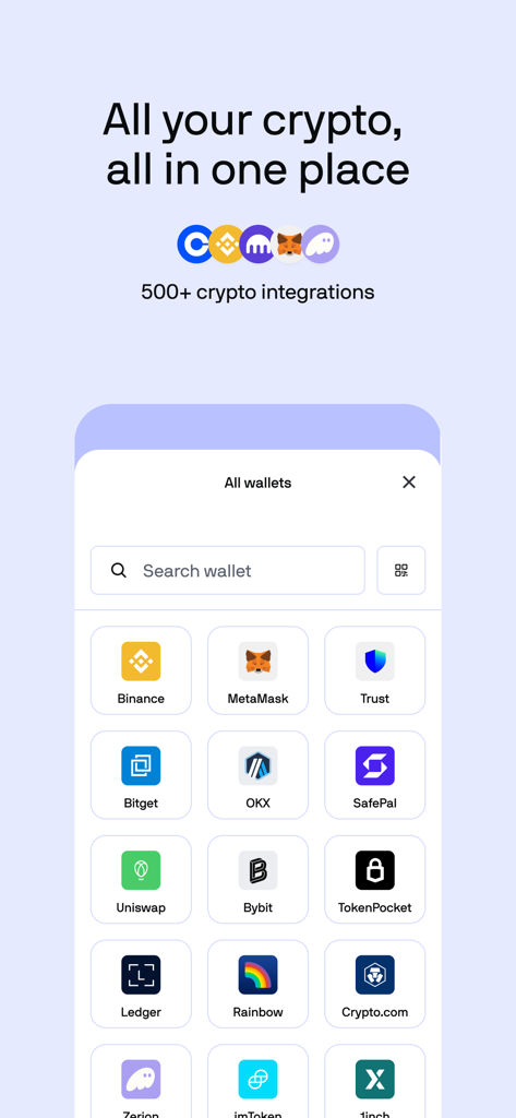 CoinTracker App-Bildschirm, der eine Liste von über 500 Krypto-Integrationen einschließlich Binance und MetaMask zeigt