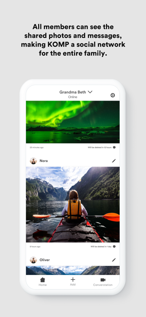 Familienmitglieder teilen Fotos und Nachrichten im Komp-App-Feed für einen Senior
