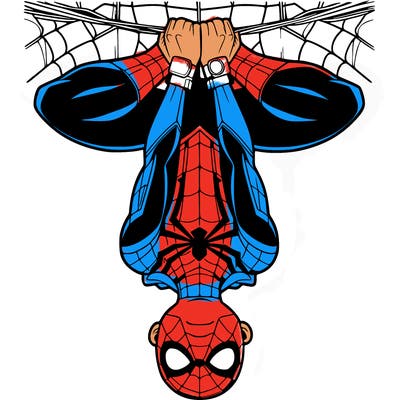 spiderman hanging on his web upside-down